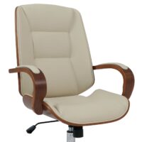 Chefsessel Drehstuhl creme Kunstleder mit Bugholz Walnuss-Optik