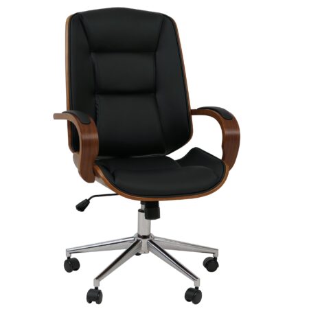 Ergonomischer Chefsessel Kunstleder schwarz in Walnuss-Optik