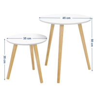 Maßangaben für das 2er-Set runder Beistelltische. Der größere Tisch hat einen Durchmesser von 45 cm und eine Höhe von 50 cm, der kleinere Tisch misst 35 cm im Durchmesser und ist 35 cm hoch.