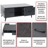 Couchtisch Beistelltisch Sofatisch Schubladen Türen 43x100x60cm Marmor-Optik grau