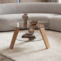 Couchtisch Beistelltisch Kaffeetisch Massivholz Glas rund Ø75cm Eiche