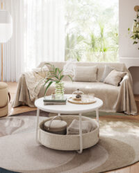 Runder Couchtisch mit Korb in 75 cm Grau, modern und praktisch.