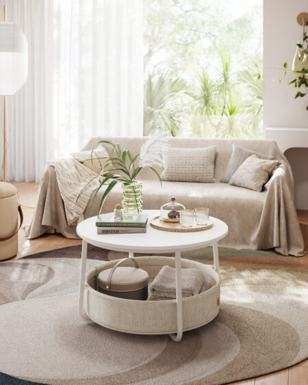 Runder Couchtisch mit Korb in 75 cm Grau, modern und praktisch.