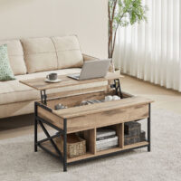 Moderner Hebetisch im Wohnzimmer, Holz-Metall Couchtisch mit Laptop und Kaffeetasse, Stauraum für Bücher und Dekoration