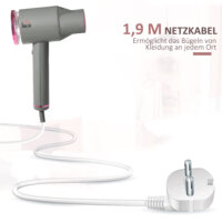 Ein faltbarer Dampfglätter und Handdampfer in Grau und Rosa mit 1520W Leistung.