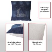 Deko-Kissen Hirsch Sofakissen Zierkissen mit Füllung Glitzersteine 45x45cm blau