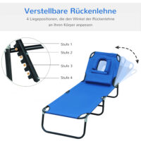 Blauer Dreibein-Liegestuhl mit praktischem Lesefenster.