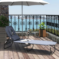 Graue Dreibeinliege mit Lesefenster, perfekt für den Garten.