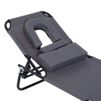 Graue Dreibeinliege mit Lesefenster, perfekt für den Garten.