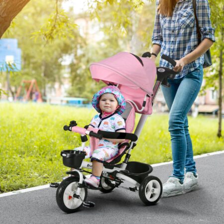 Rosa 2-in-1 faltbares Dreirad mit Sonnendach, ideal für Kinder von 1-5 Jahren. Es ist kompakt verstaubar und perfekt für unterwegs.