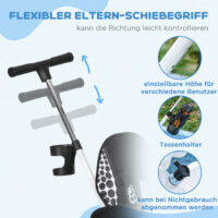 Weisses 6-in-1 Dreirad als Kinderfahrzeug mit Sonnendach und Korb. Es wächst mit dem Kind von 1-5 Jahren mit und bietet vielseitige Nutzungsmöglichkeiten.