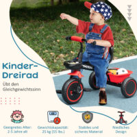 Rotes, höhenverstellbares Dreirad für Kinder von 2-5 Jahren, mit Beckengurt und Korb für zusätzliche Sicherheit und Komfort.