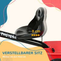 Rotes, höhenverstellbares Dreirad für Kinder von 2-5 Jahren, mit Beckengurt und Korb für zusätzliche Sicherheit und Komfort.