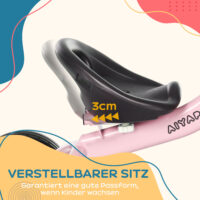 Rosa Dreirad als Kinderfahrzeug mit verstellbarem Sitz, Fahrradkorb und Klingel. Es wächst mit dem Kind mit und ist perfekt für Ausflüge.