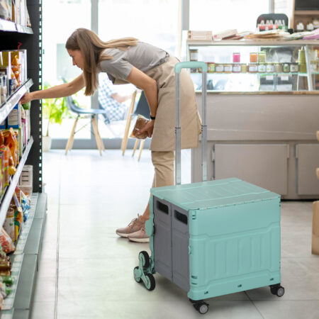 Grüner, klappbarer Einkaufstrolley mit Teleskop-Griff, bis 80 kg belastbar