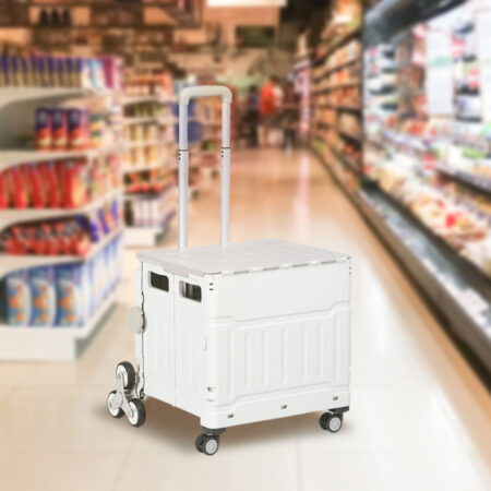 Weisser, klappbarer Einkaufstrolley mit Teleskopgriff, bis 80 kg Belastbarkeit