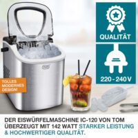 Kompakte Eiswürfelmaschine für 12kg/Tag, tragbar mit intuitiver LED-Anzeige.