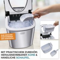 Kompakte Eiswürfelmaschine für 12kg/Tag, tragbar mit intuitiver LED-Anzeige.