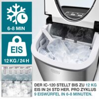 Kompakte Eiswürfelmaschine für 12kg/Tag, tragbar mit intuitiver LED-Anzeige.