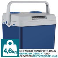 Mobile elektrische 2-in-1 Kühlbox und Wärmebox (25 Liter), leise und vielseitig.