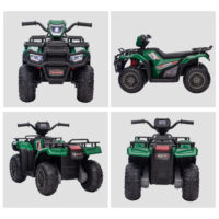 Schwarz-grünes Elektro-Kinderquad mit LED-Beleuchtung, ideal für Kinder ab 3 Jahren.