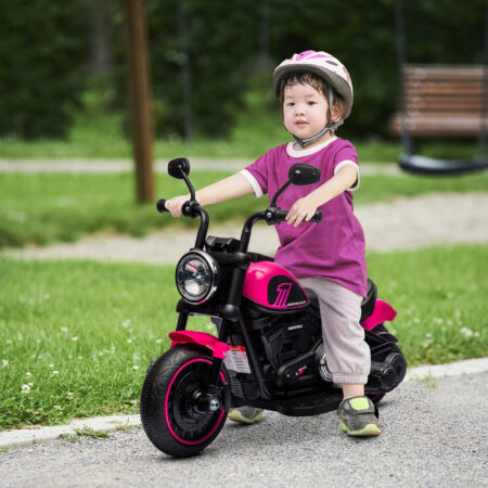 Rosa Elektro-Motorrad als Kinderfahrzeug mit Stützrädern, ideal für die ersten Fahrversuche von Kindern von 1.5-3 Jahren.