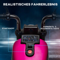 Rosa Elektro-Motorrad als Kinderfahrzeug mit Stützrädern, ideal für die ersten Fahrversuche von Kindern von 1.5-3 Jahren.