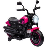 Rosa Elektro-Motorrad als Kinderfahrzeug mit Stützrädern, ideal für die ersten Fahrversuche von Kindern von 1.5-3 Jahren.