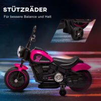 Rosa Elektro-Motorrad als Kinderfahrzeug mit Stützrädern, ideal für die ersten Fahrversuche von Kindern von 1.5-3 Jahren.