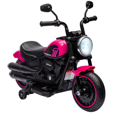 Rosa Elektro-Motorrad als Kinderfahrzeug mit Stützrädern, ideal für die ersten Fahrversuche von Kindern von 1.5-3 Jahren.
