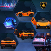 Oranges 12V Kinder-Elektroauto, erreicht eine Geschwindigkeit von 5 km/h und ist ideal für Kinder von 3-5 Jahren. Ein farbenfrohes Abenteuerfahrzeug.