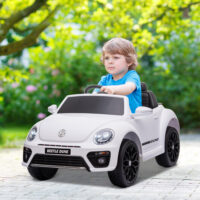 Weisses 12V Kinder-Elektroauto mit Fernbedienung und Musikfunktion, ideal für 3-5 Jahre. Ermöglicht Eltern Kontrolle und bietet musikalische Unterhaltung.