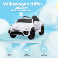 Weisses 12V Kinder-Elektroauto mit Fernbedienung und Musikfunktion, ideal für 3-5 Jahre. Ermöglicht Eltern Kontrolle und bietet musikalische Unterhaltung.
