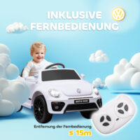 Weisses 12V Kinder-Elektroauto mit Fernbedienung und Musikfunktion, ideal für 3-5 Jahre. Ermöglicht Eltern Kontrolle und bietet musikalische Unterhaltung.