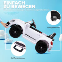 Weisses 12V Kinder-Elektroauto mit Fernbedienung und Musikfunktion, ideal für 3-5 Jahre. Ermöglicht Eltern Kontrolle und bietet musikalische Unterhaltung.