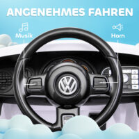Weisses 12V Kinder-Elektroauto mit Fernbedienung und Musikfunktion, ideal für 3-5 Jahre. Ermöglicht Eltern Kontrolle und bietet musikalische Unterhaltung.
