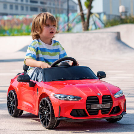 Rotes Elektroauto als Kinderfahrzeug mit 12V Akku, 2.4G Fernbedienung und MP3-Anschluss. Bietet stundenlangen Fahrspass mit Musik.