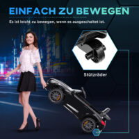 Schwarzes 12V Kinder-Elektroauto mit Sanftstart-Funktion, ideal für Kinder von 3-6 Jahren. Sanftes Anfahren für mehr Sicherheit.