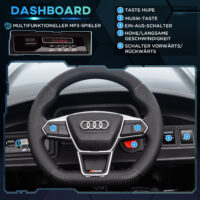 Schwarzes Elektroauto im lizenzierten AUDI RS e-tron GT Design, geeignet für Kinder ab 3 Jahren. Ein luxuriöses Fahrerlebnis für die Kleinsten.