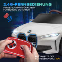 Weisses Elektroauto im lizenzierten BMW-Design mit Fernbedienung, ideal für Kinder von 3-5 Jahren. Bietet ein luxuriöses und sicheres Fahrerlebnis.