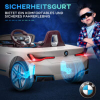 Weisses Elektroauto im lizenzierten BMW-Design mit Fernbedienung, ideal für Kinder von 3-5 Jahren. Bietet ein luxuriöses und sicheres Fahrerlebnis.
