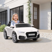 Weisses Elektroauto als Kinderfahrzeug mit 12V Akku, 2.4G Fernbedienung und integrierter Musikfunktion. Es bietet ein realistisches Fahrerlebnis für Kinder.