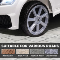 Weisses Elektroauto als Kinderfahrzeug mit 12V Akku, 2.4G Fernbedienung und integrierter Musikfunktion. Es bietet ein realistisches Fahrerlebnis für Kinder.