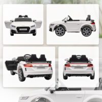 Weisses Elektroauto als Kinderfahrzeug mit 12V Akku, 2.4G Fernbedienung und integrierter Musikfunktion. Es bietet ein realistisches Fahrerlebnis für Kinder.