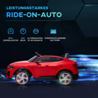 Rotes Elektroauto als Kinderfahrzeug mit einer Geschwindigkeit von 3-5 km/h und Sicherheitsgurt für sicheres Fahren.