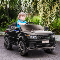 Schwarzes, stylisches Elektroauto als Kinderfahrzeug mit Musik und Hupe, bietet sicheres und unterhaltsames Fahren.