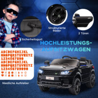 Schwarzes, stylisches Elektroauto als Kinderfahrzeug mit Musik und Hupe, bietet sicheres und unterhaltsames Fahren.