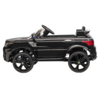 Schwarzes, stylisches Elektroauto als Kinderfahrzeug mit Musik und Hupe, bietet sicheres und unterhaltsames Fahren.