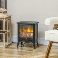 Ein schwarzer Elektrokamin und Standkamin mit 1800W Leistung, LED-Flammeneffekt und Überhitzungsschutz.