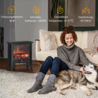 Ein schwarzer Elektrokamin und Standkamin mit 1800W Leistung, LED-Flammeneffekt und Überhitzungsschutz.